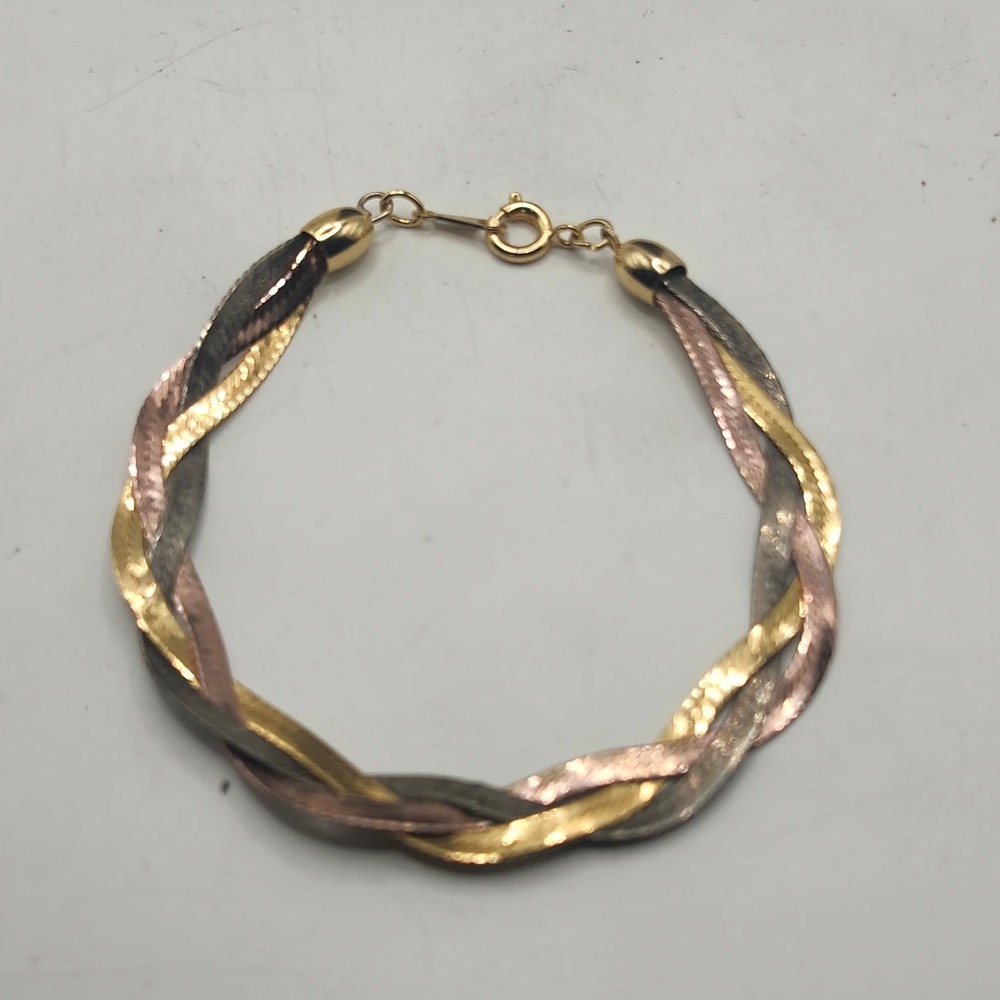 Tri Color Braided Herringbone Bracelet Gold Silver Rose Tone Twisted Snake Chain
